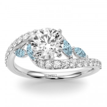 Swirl Design Lab Grown Diamond & Marquise Lab Aquamarine Bridal Ring Set 14K White Gold (0.96ct)